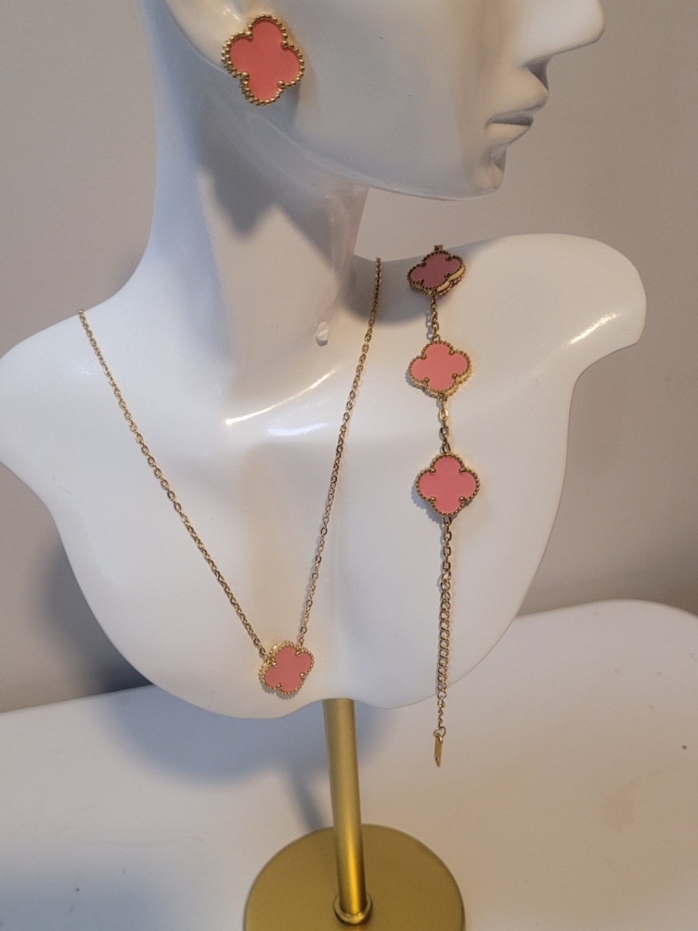 Gold-Tone Pink Clover Pendant Necklace, Bracelet & Stud Earrings Set